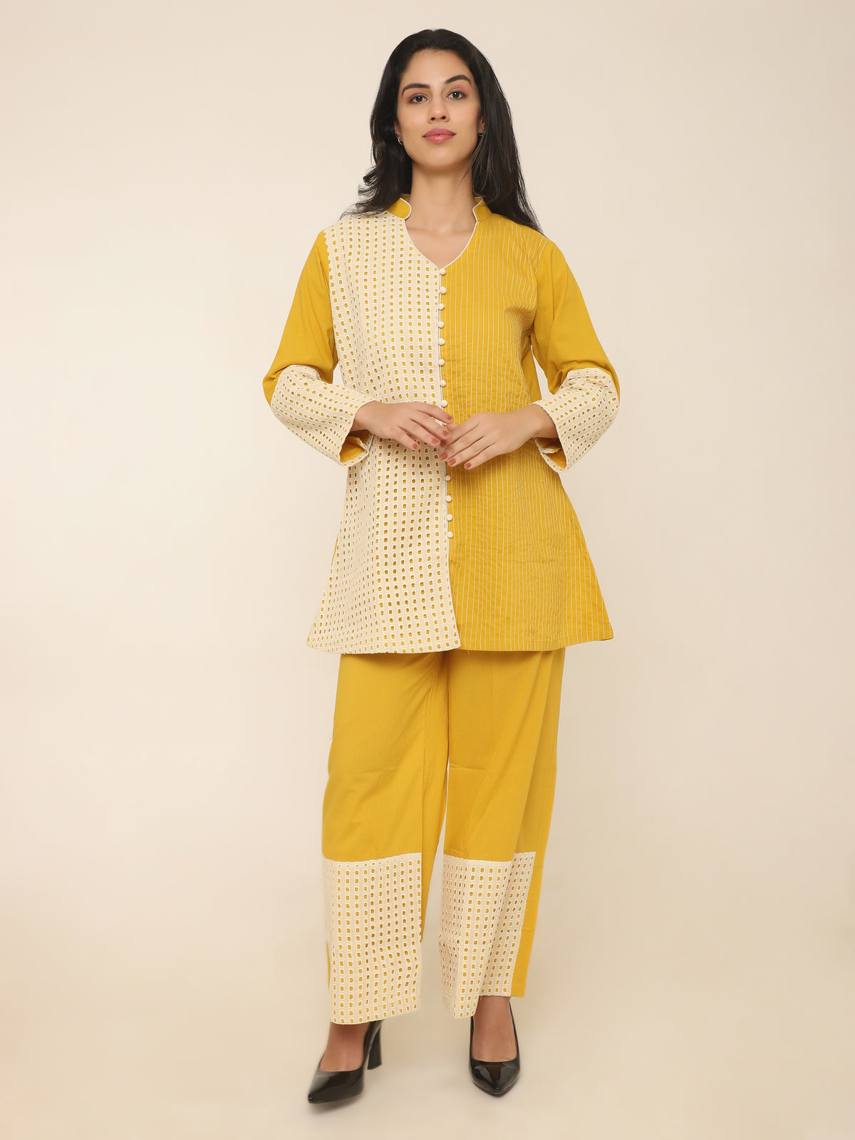Yellow Co-ord set with contrast Schiffly panel details
