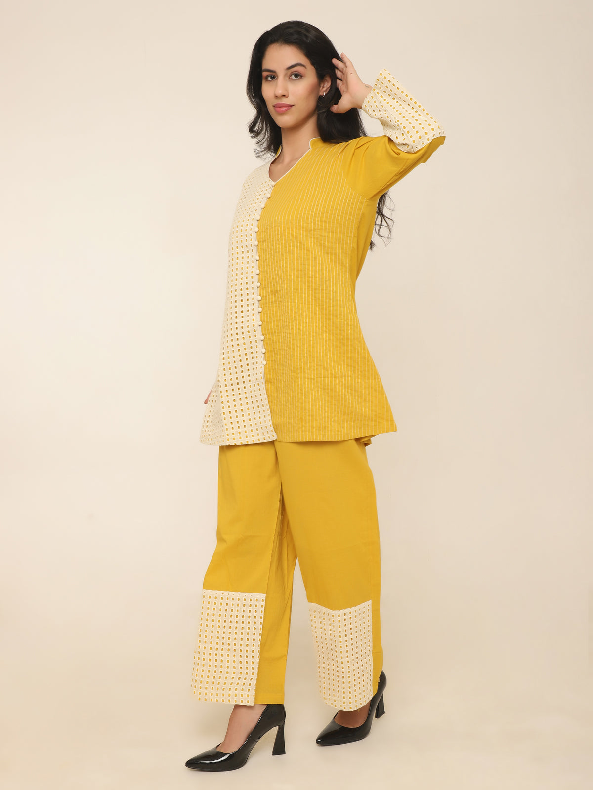 Yellow Co-ord set with contrast Schiffly panel details