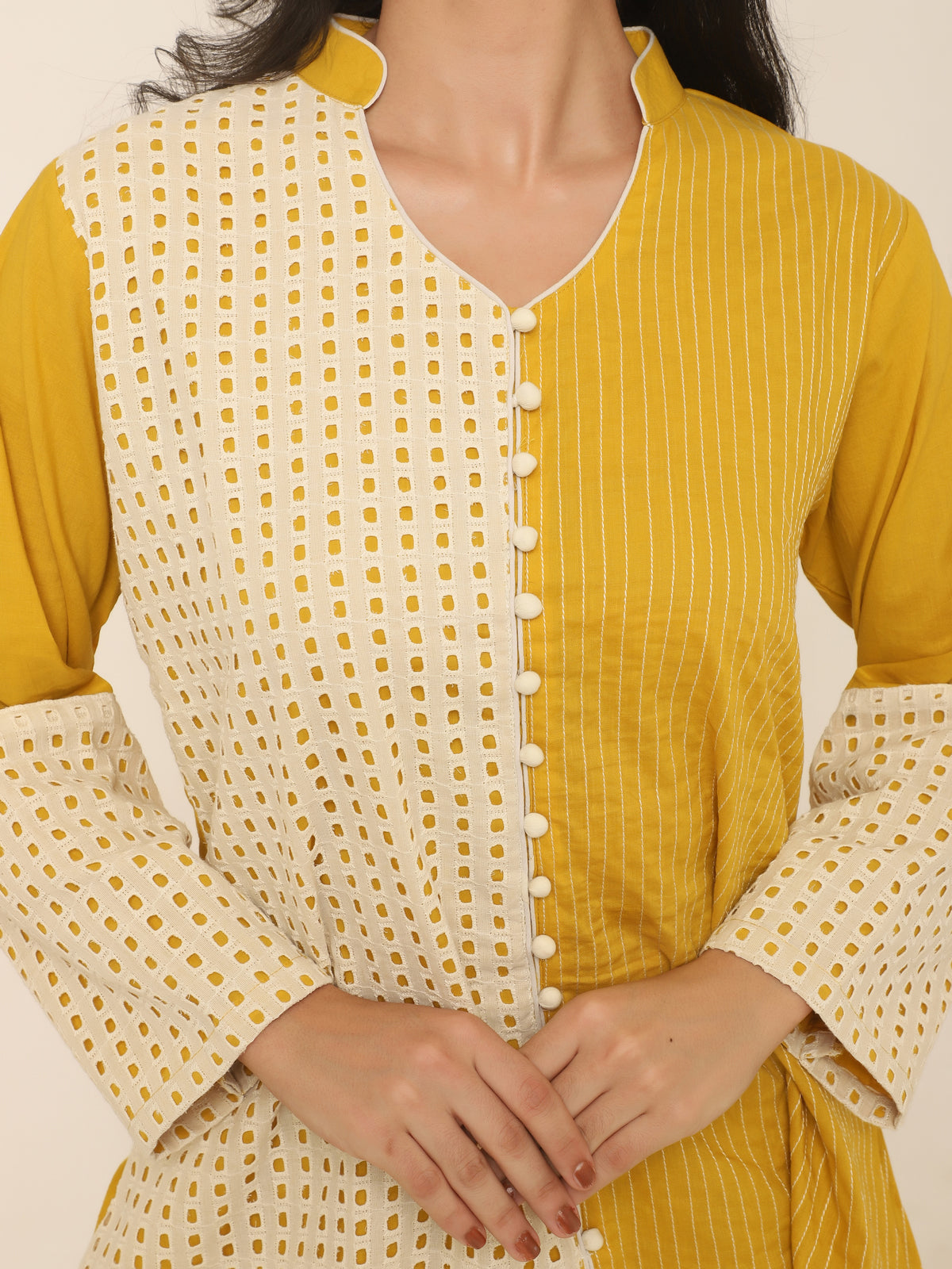 Yellow Co-ord set with contrast Schiffly panel details