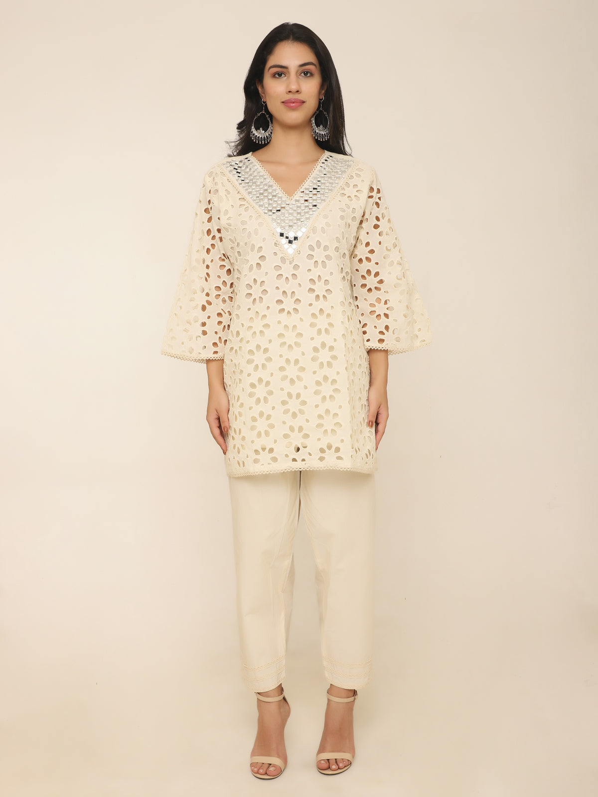 Ivory Schiffly Co-ord set with Mirror work