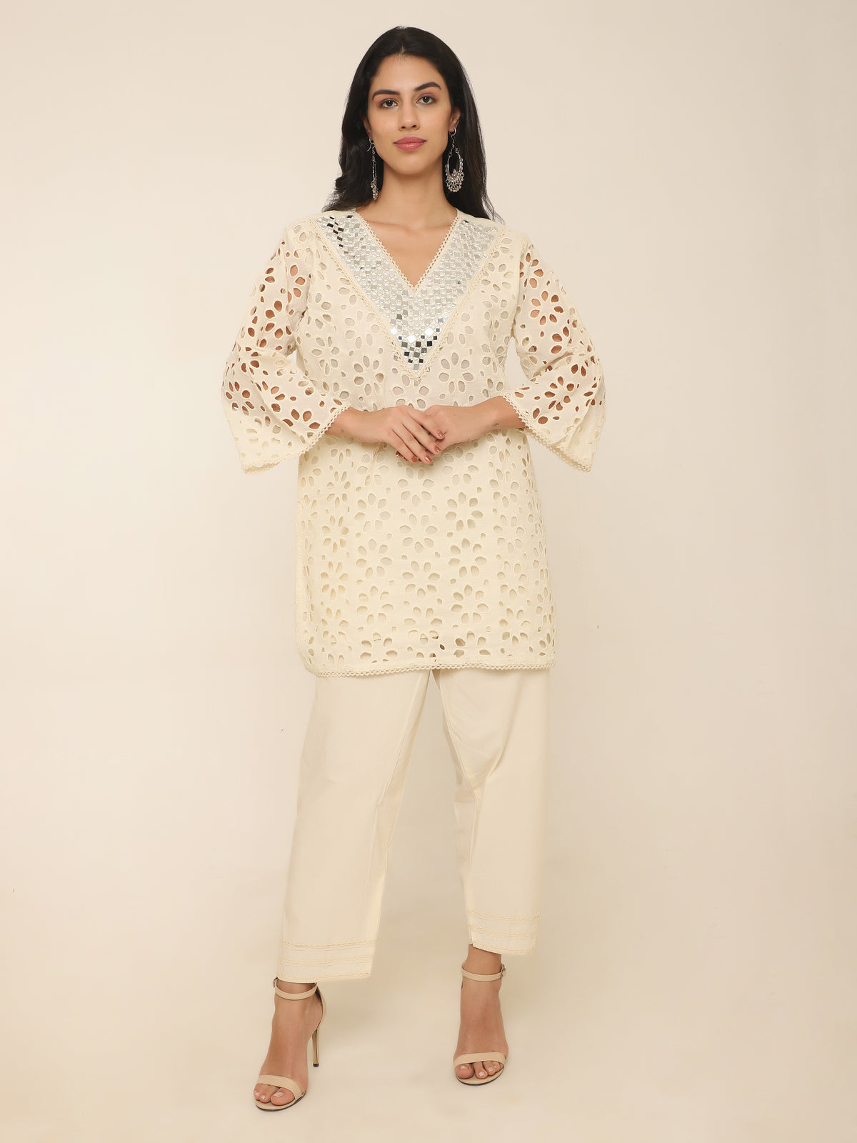 Ivory Schiffly Co-ord set with Mirror work