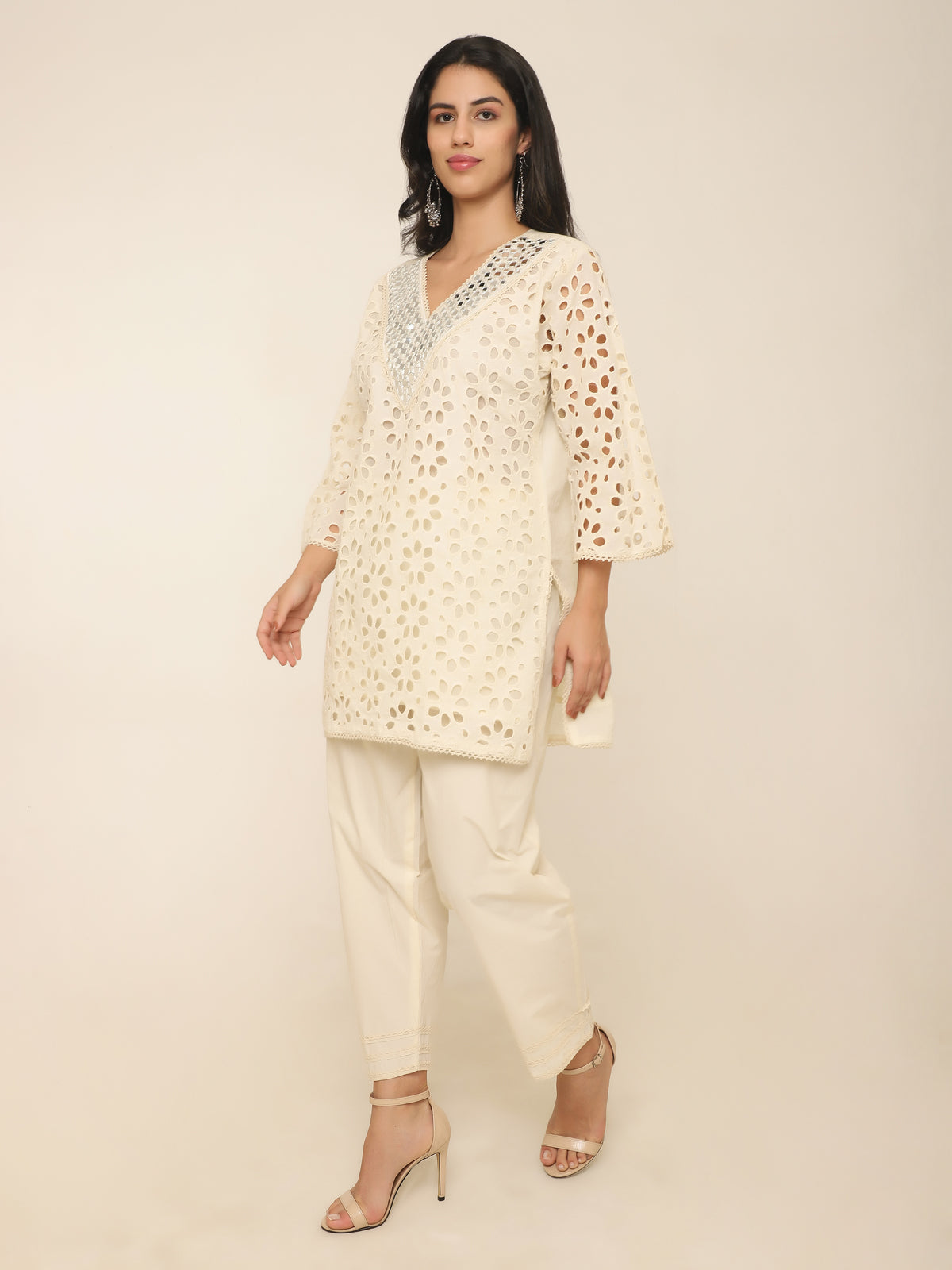 Ivory Schiffly Co-ord set with Mirror work