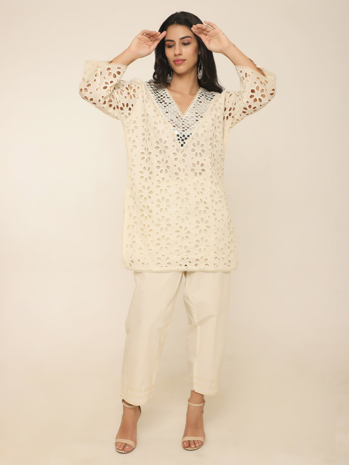 Ivory Schiffly Co-ord set with Mirror work
