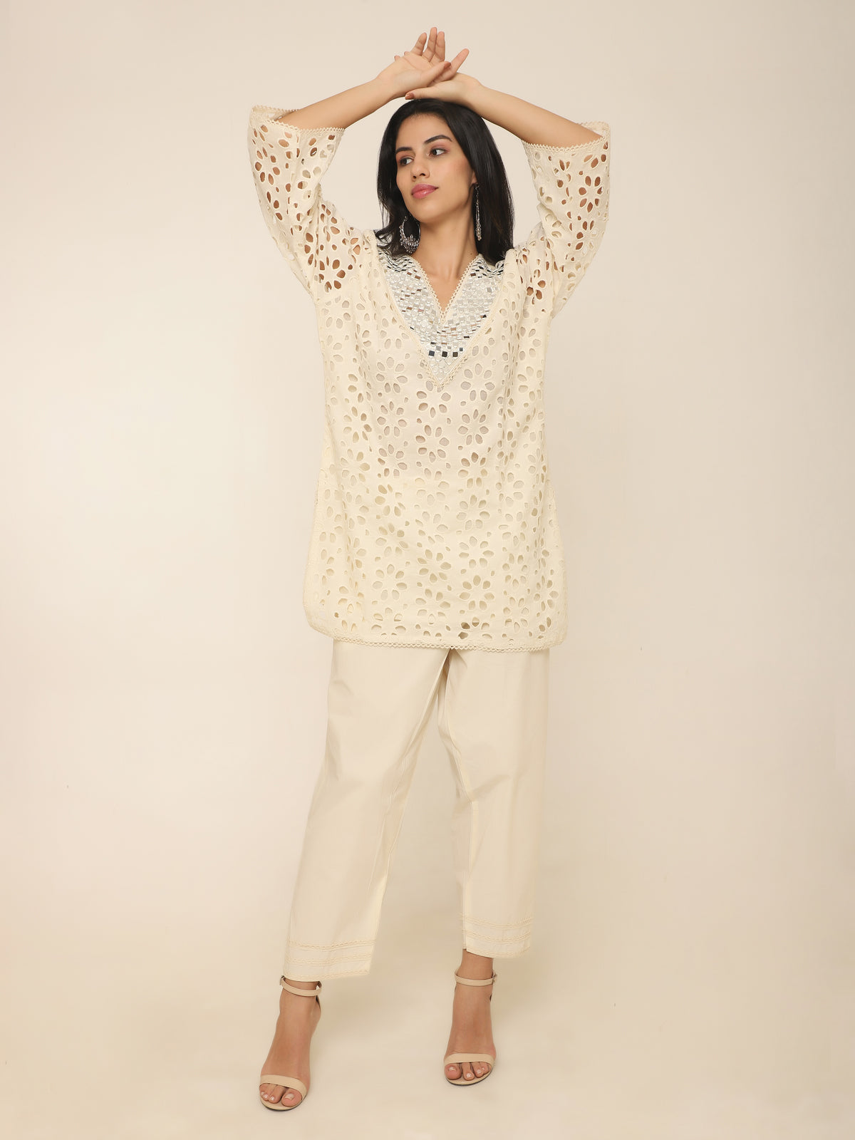 Ivory Schiffly Co-ord set with Mirror work