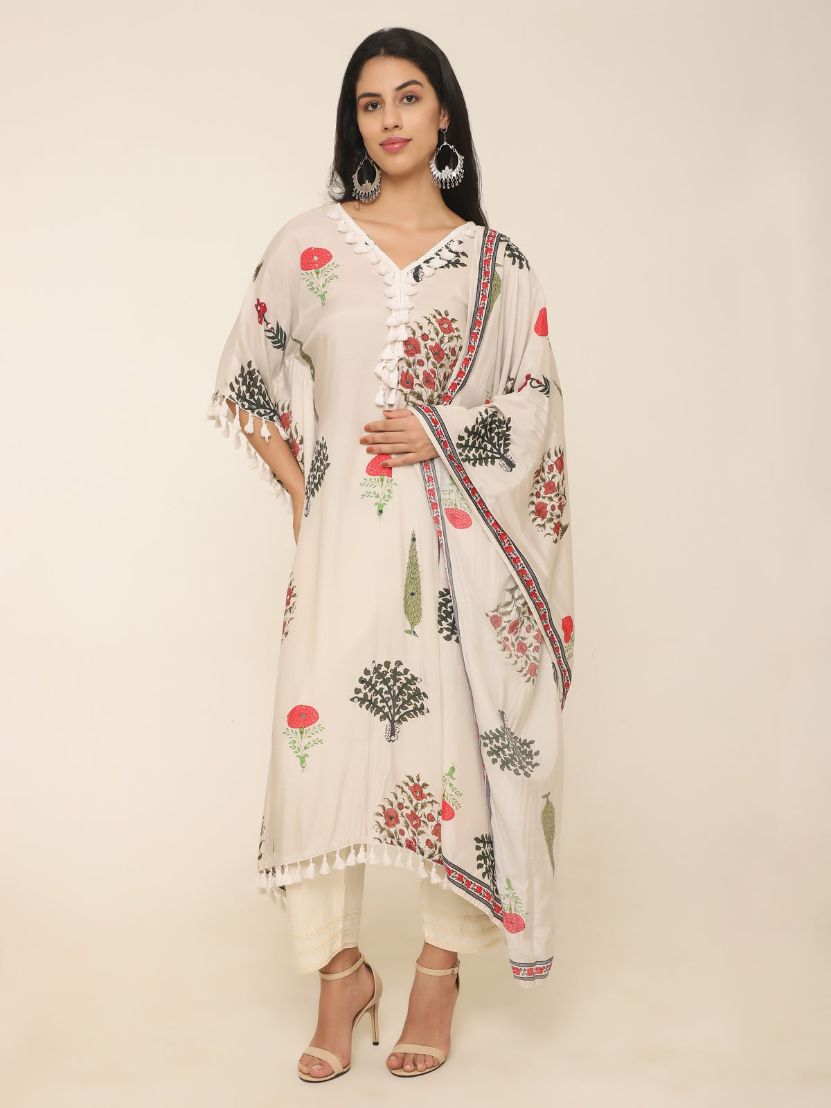 Cream Botanical Print Kaftan Set with Dupatta & Pants in Georgette