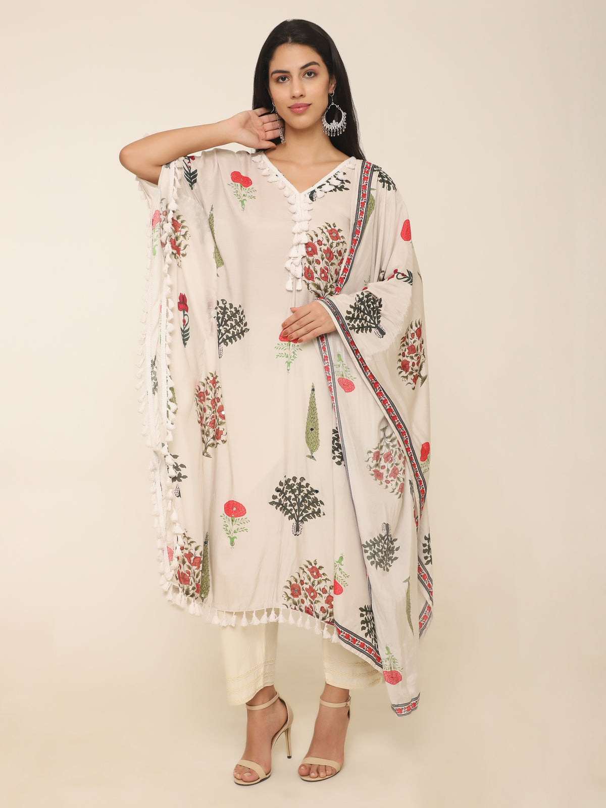 Cream Botanical Print Kaftan Set with Dupatta & Pants in Georgette