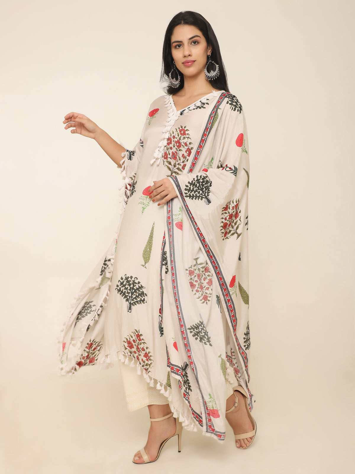 Cream Botanical Print Kaftan Set with Dupatta & Pants in Georgette