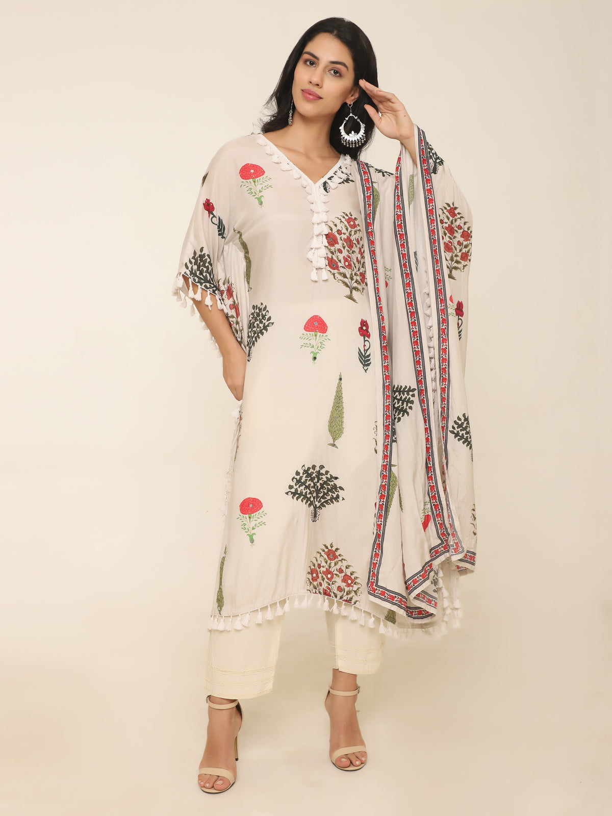 Cream Botanical Print Kaftan Set with Dupatta & Pants in Georgette