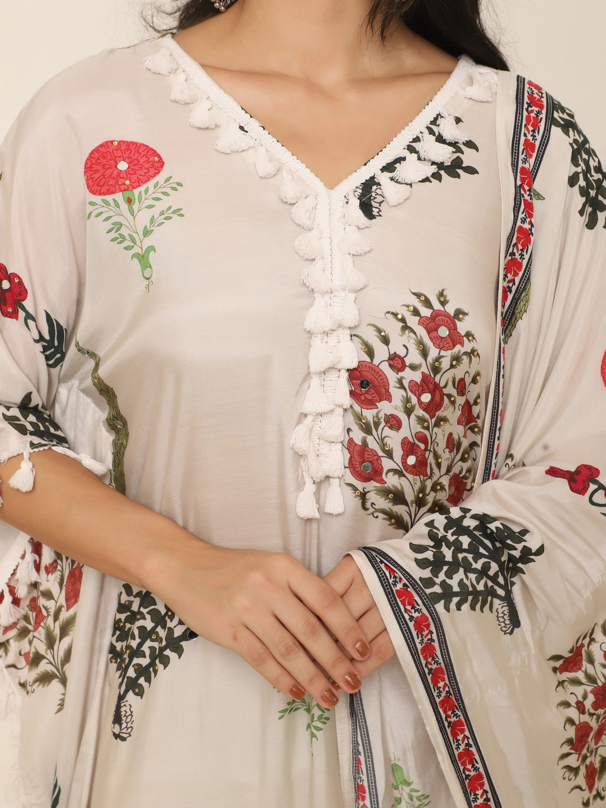 Cream Botanical Print Kaftan Set with Dupatta & Pants in Georgette