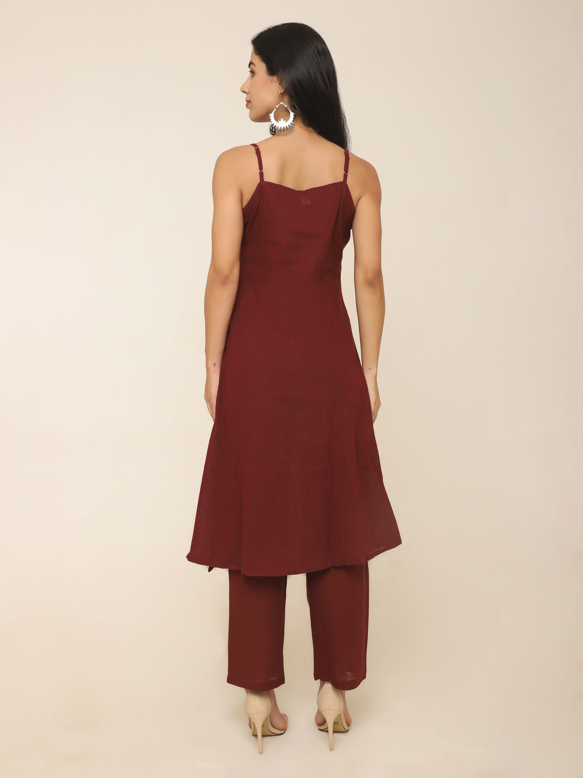 Wine Cotton A-Line Kurti Set with Mirror, Bead Embroidery & Pocket