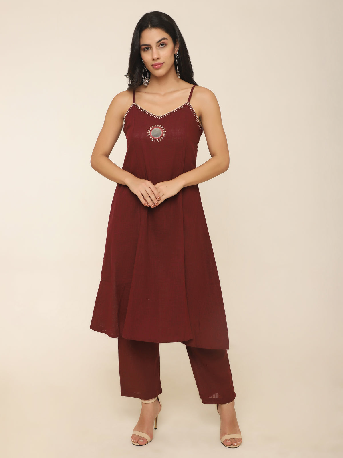Wine Cotton A-Line Kurti Set with Mirror, Bead Embroidery & Pocket