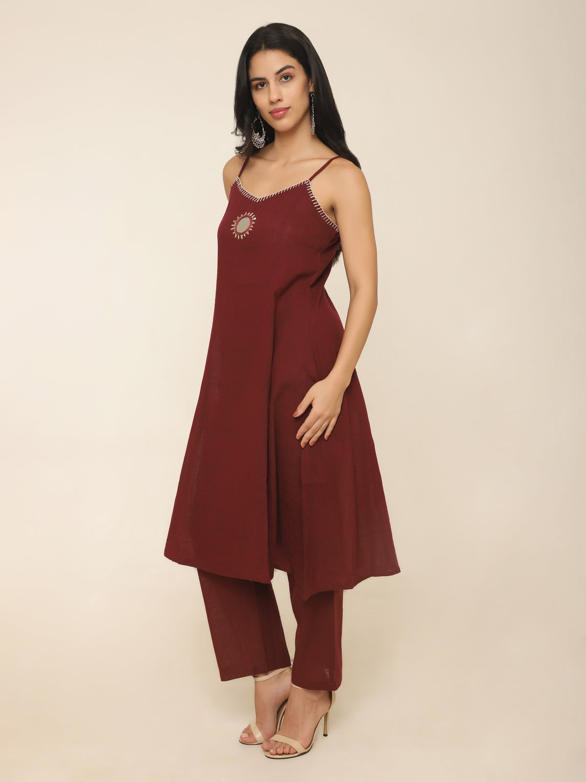 Wine Cotton A-Line Kurti Set with Mirror, Bead Embroidery & Pocket