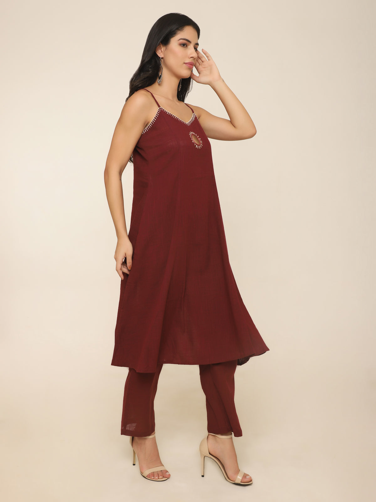Wine Cotton A-Line Kurti Set with Mirror, Bead Embroidery & Pocket
