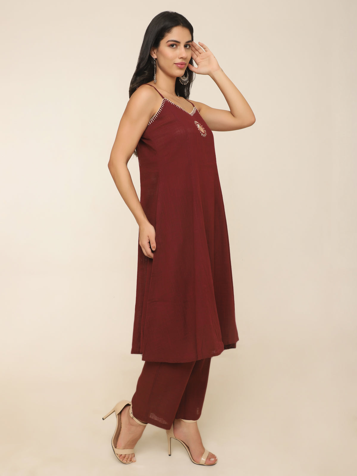Wine Cotton A-Line Kurti Set with Mirror, Bead Embroidery & Pocket