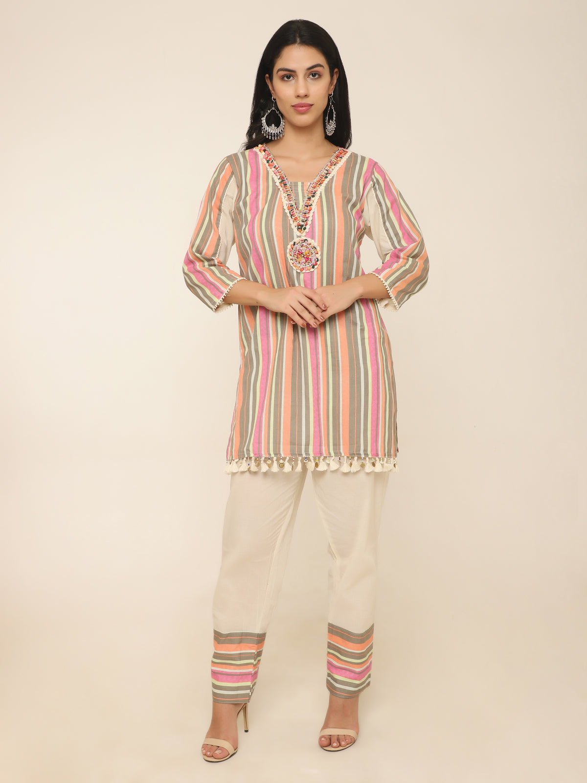 Striper Co-ord set with beautiful handwork at front