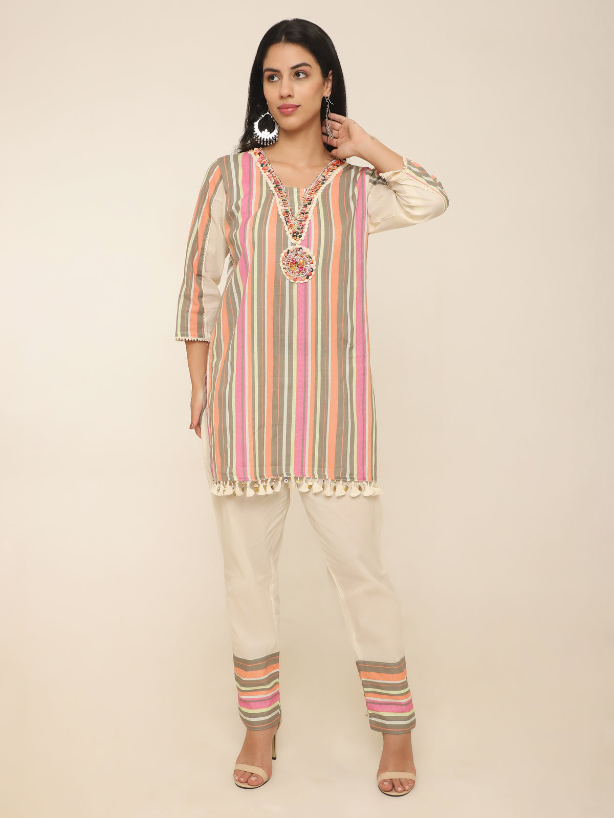 Striper Co-ord set with beautiful handwork at front