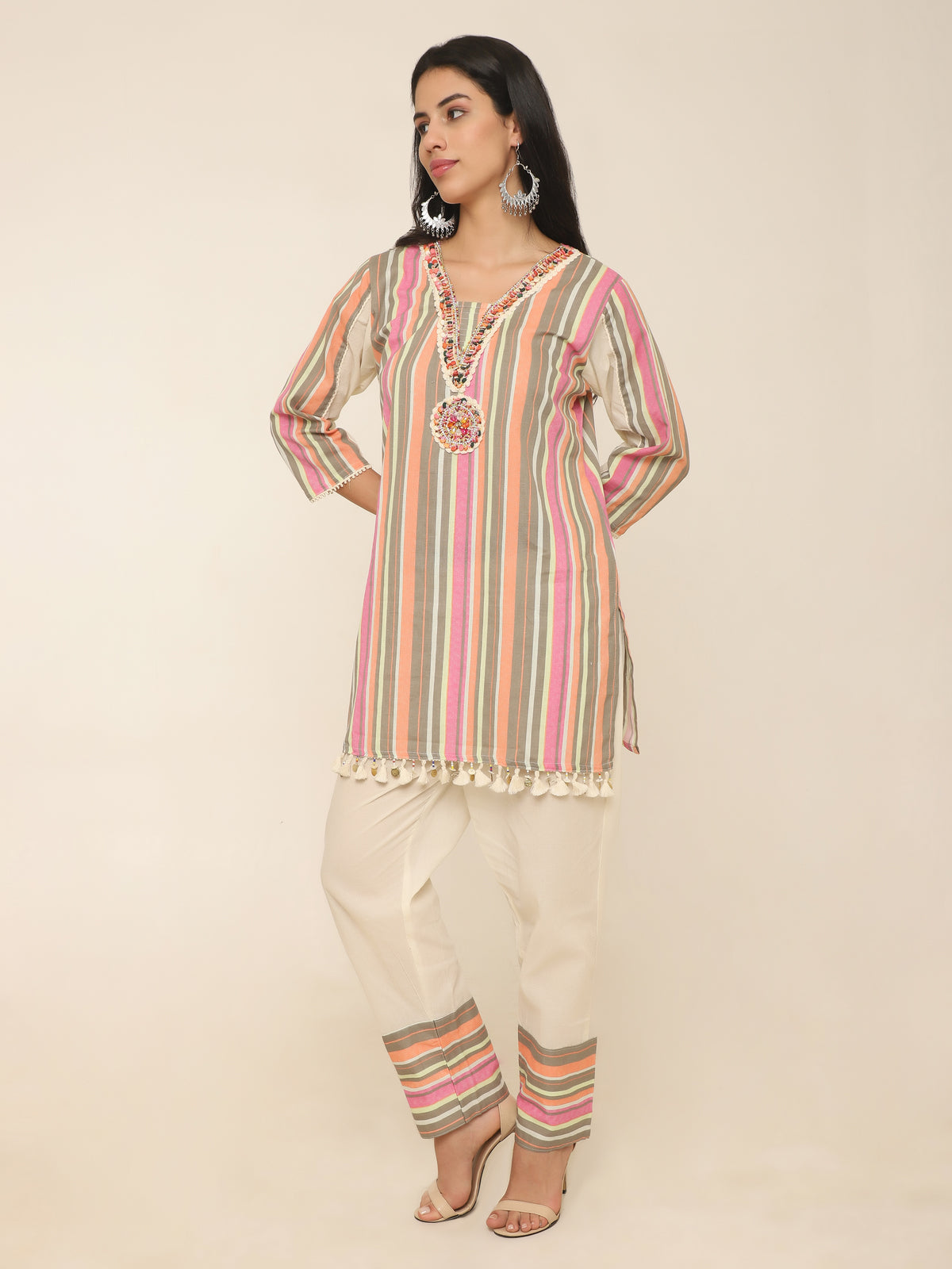 Striper Co-ord set with beautiful handwork at front