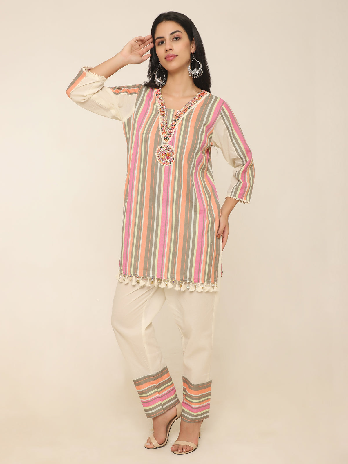 Striper Co-ord set with beautiful handwork at front