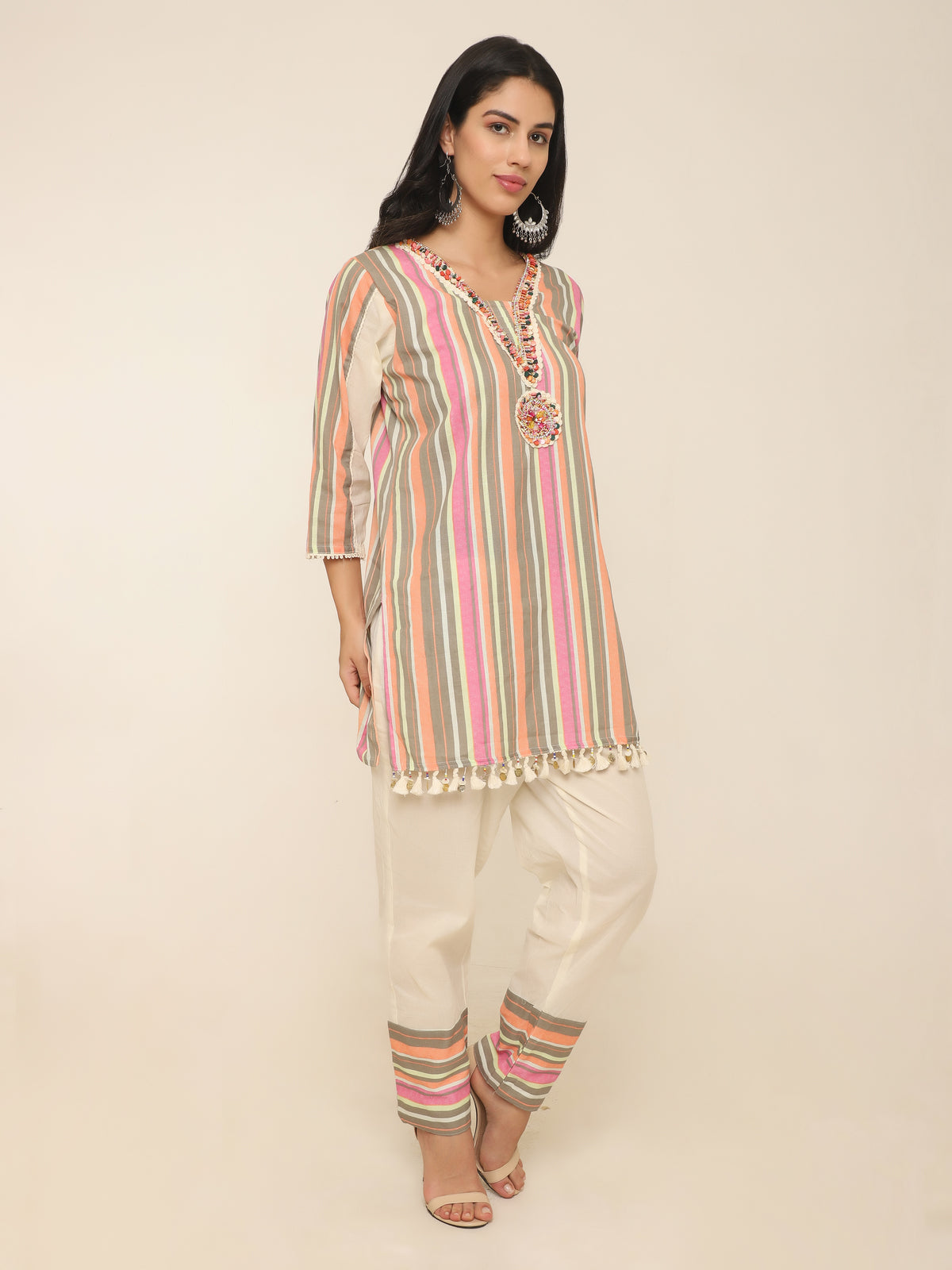 Striper Co-ord set with beautiful handwork at front