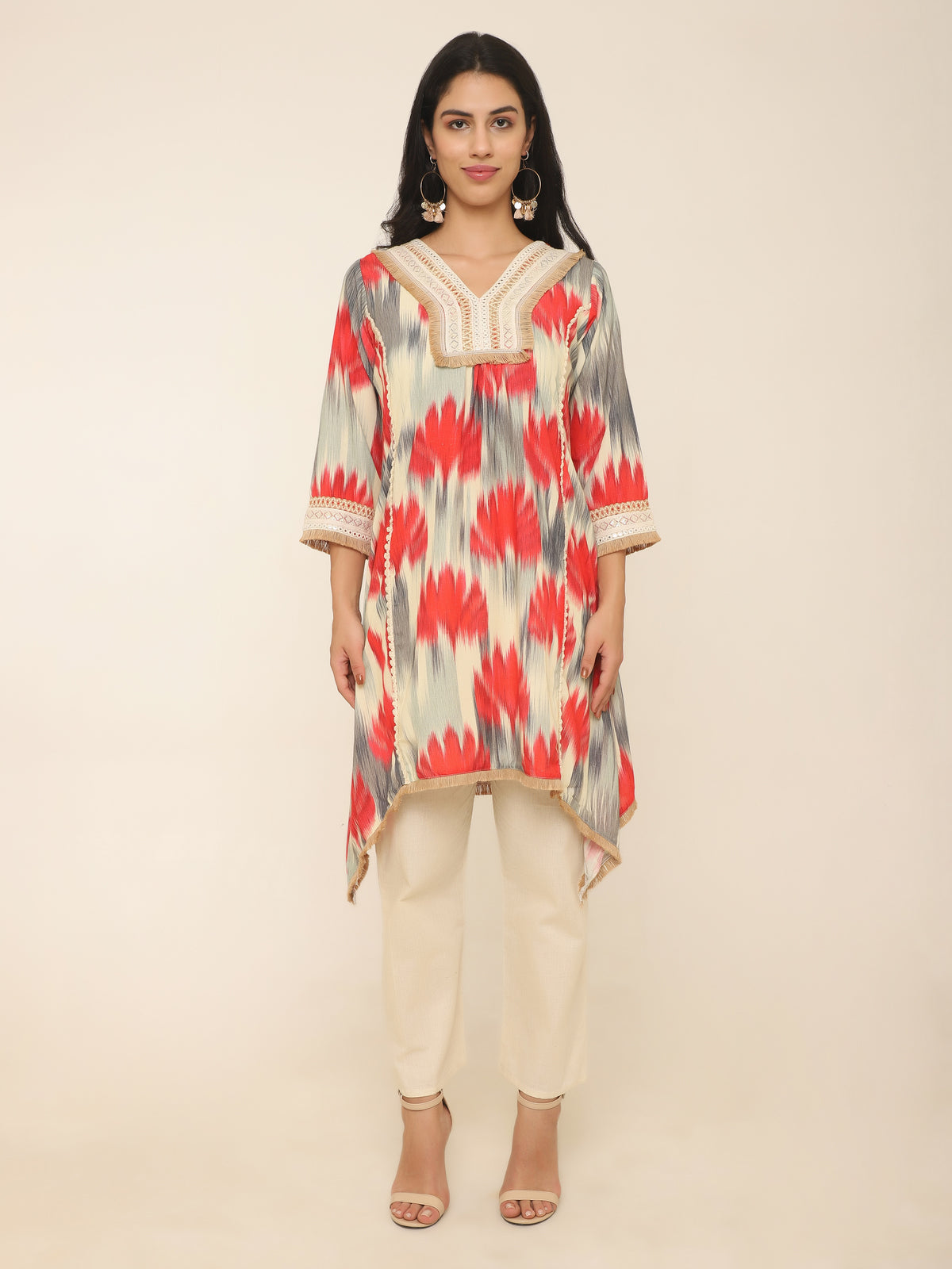 Red & grey printed Co-ord set with thread work at front