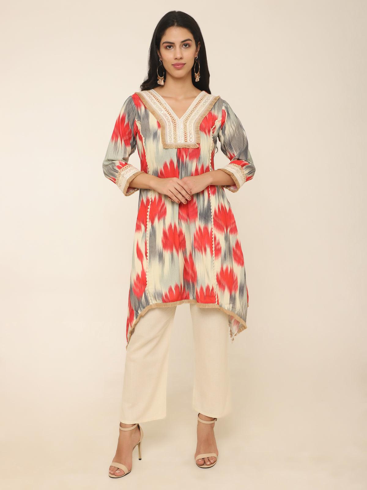 Red & grey printed Co-ord set with thread work at front