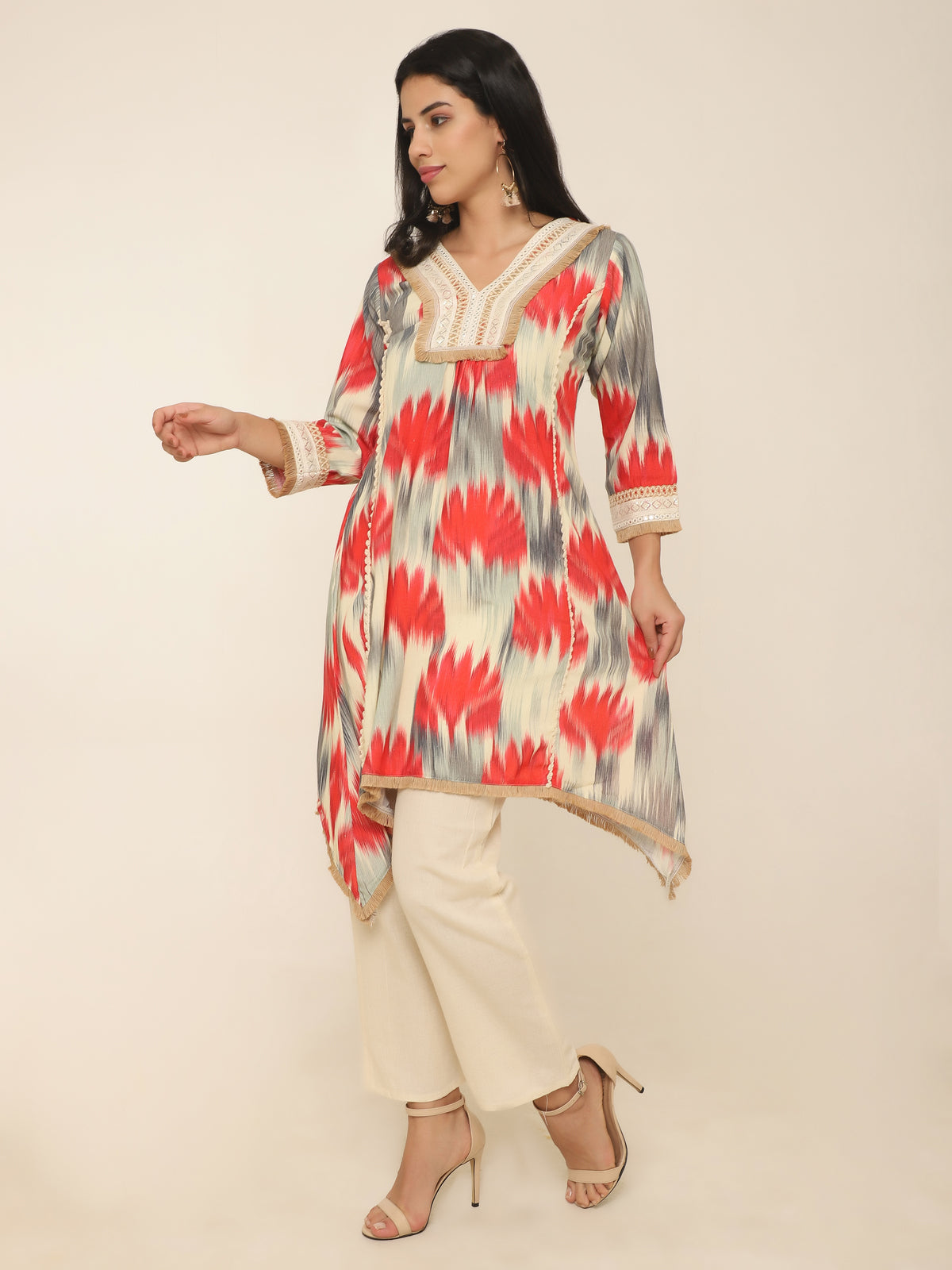 Red & grey printed Co-ord set with thread work at front