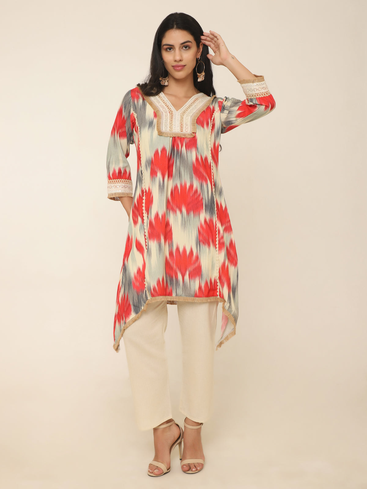 Red & grey printed Co-ord set with thread work at front
