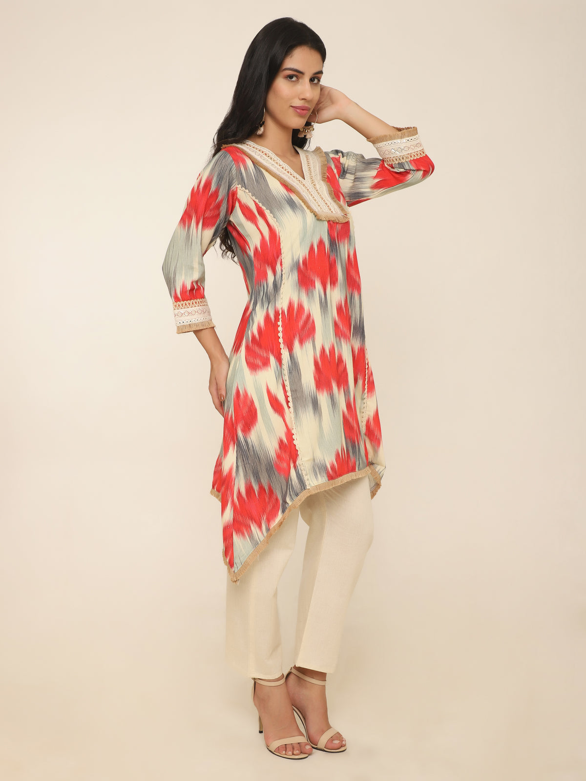 Red & grey printed Co-ord set with thread work at front