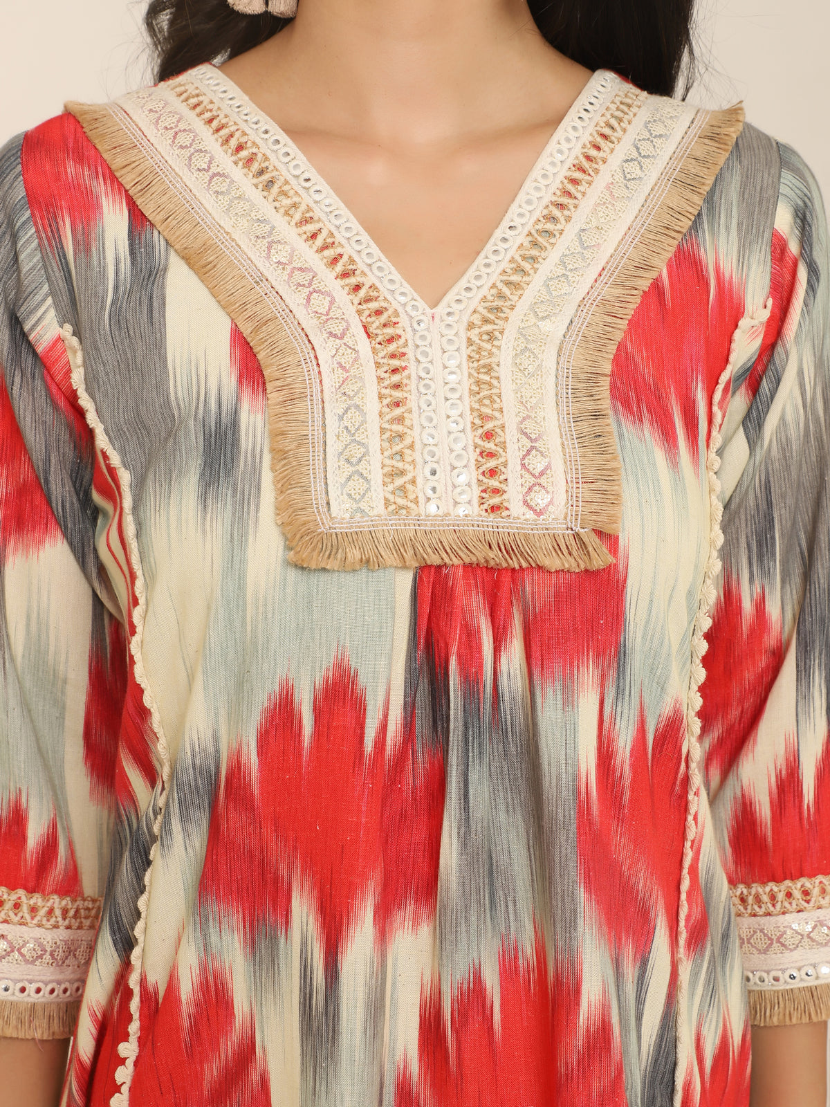 Red & grey printed Co-ord set with thread work at front