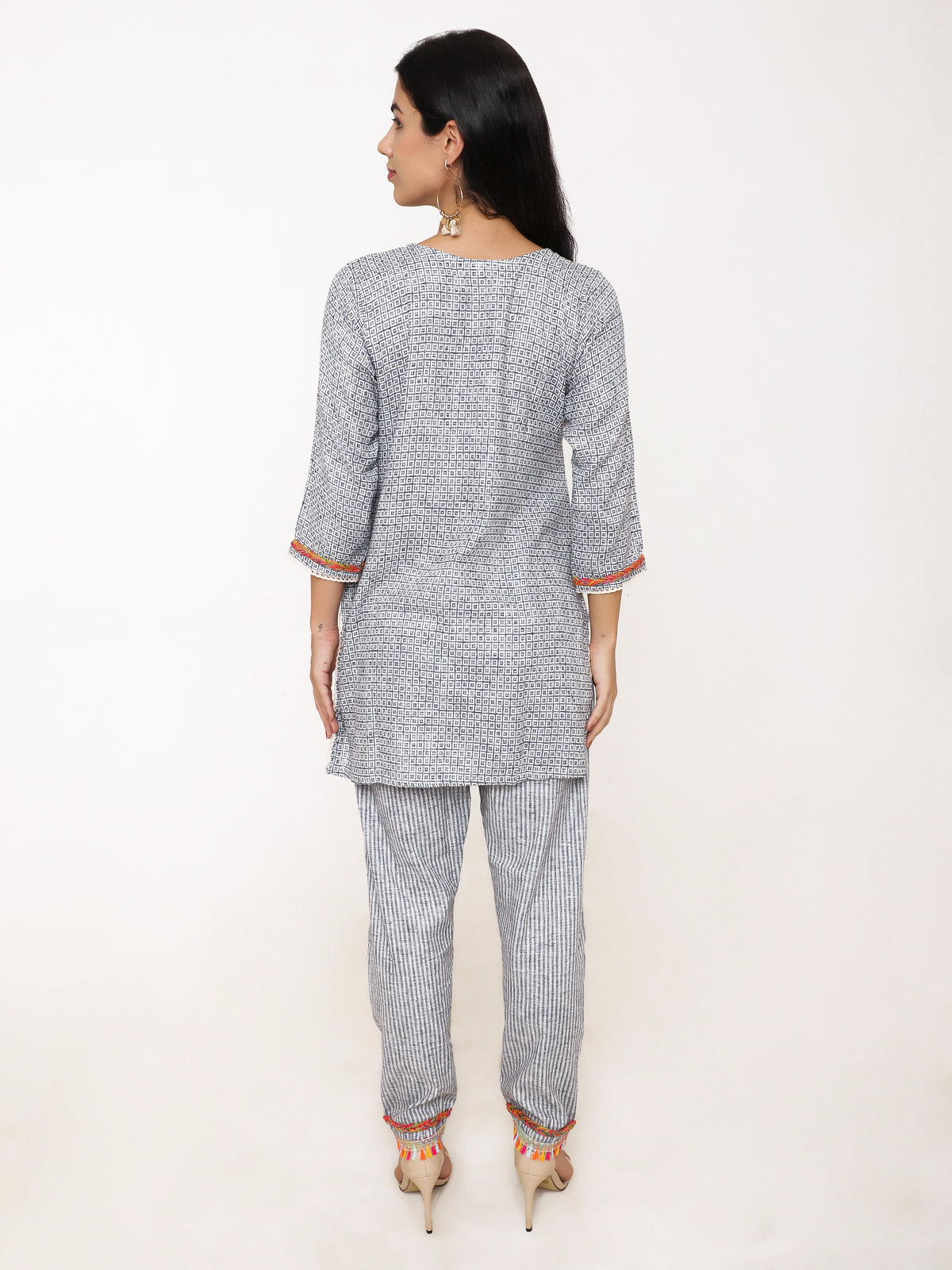 White & Blue printed Co- ord set with stunning handwork at front