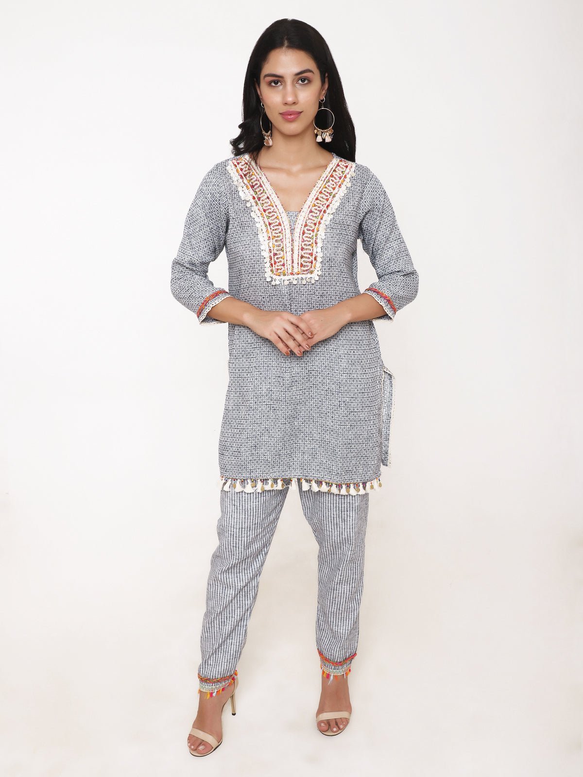 White & Blue printed Co- ord set with stunning handwork at front