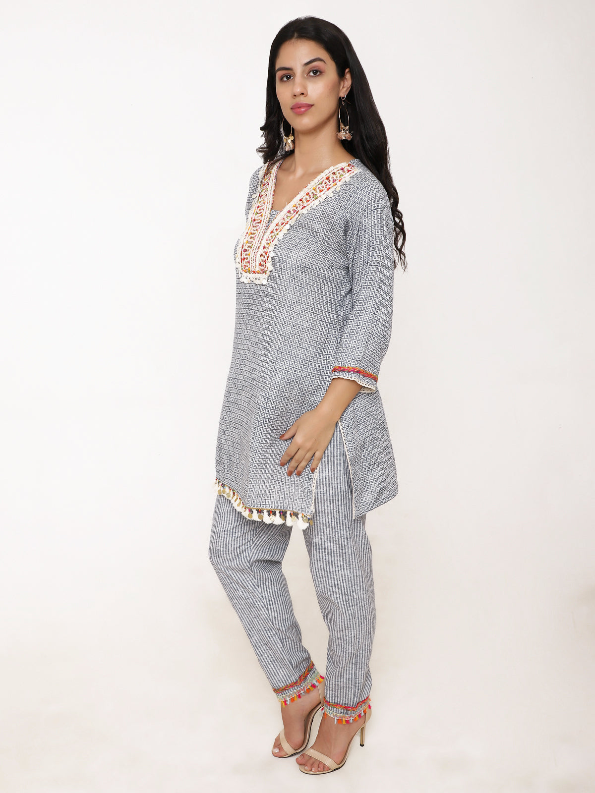 White & Blue printed Co- ord set with stunning handwork at front