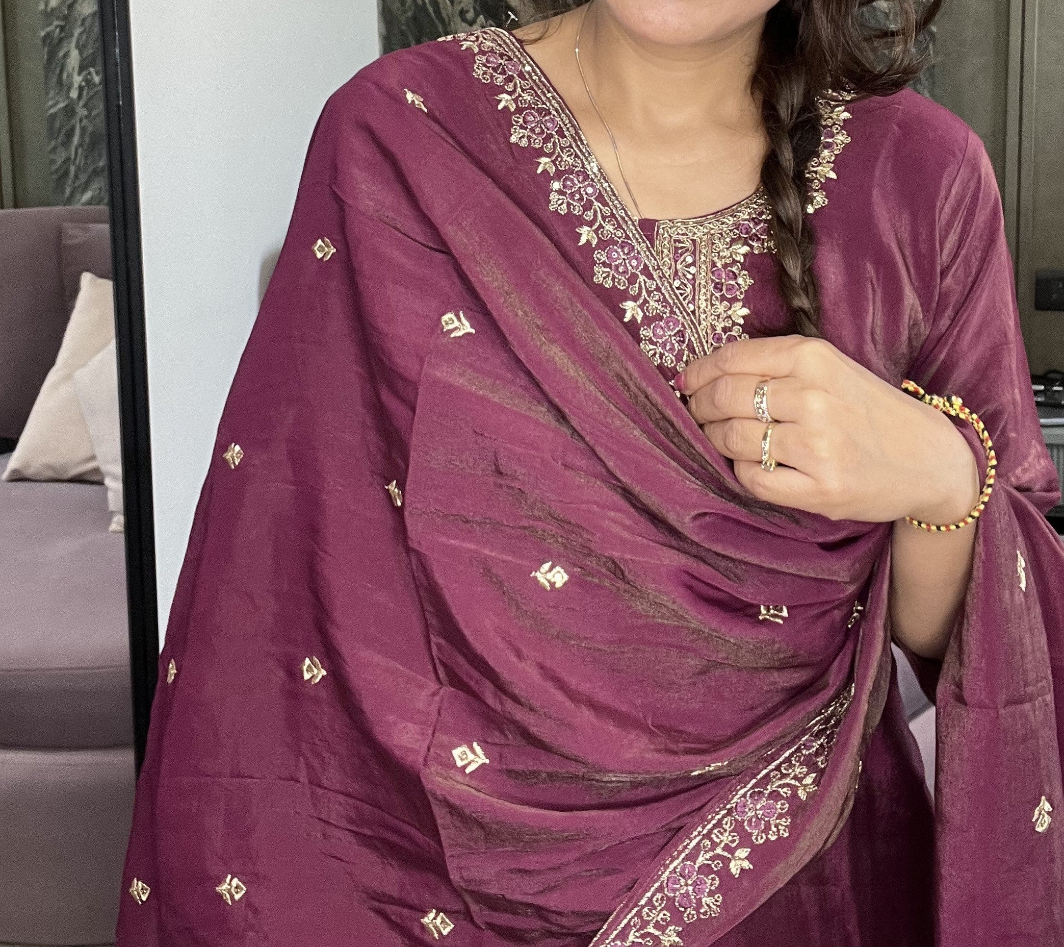Wine Tissue Shimmer Suit with Thread Embroidery & Golden Tassel Dupatta