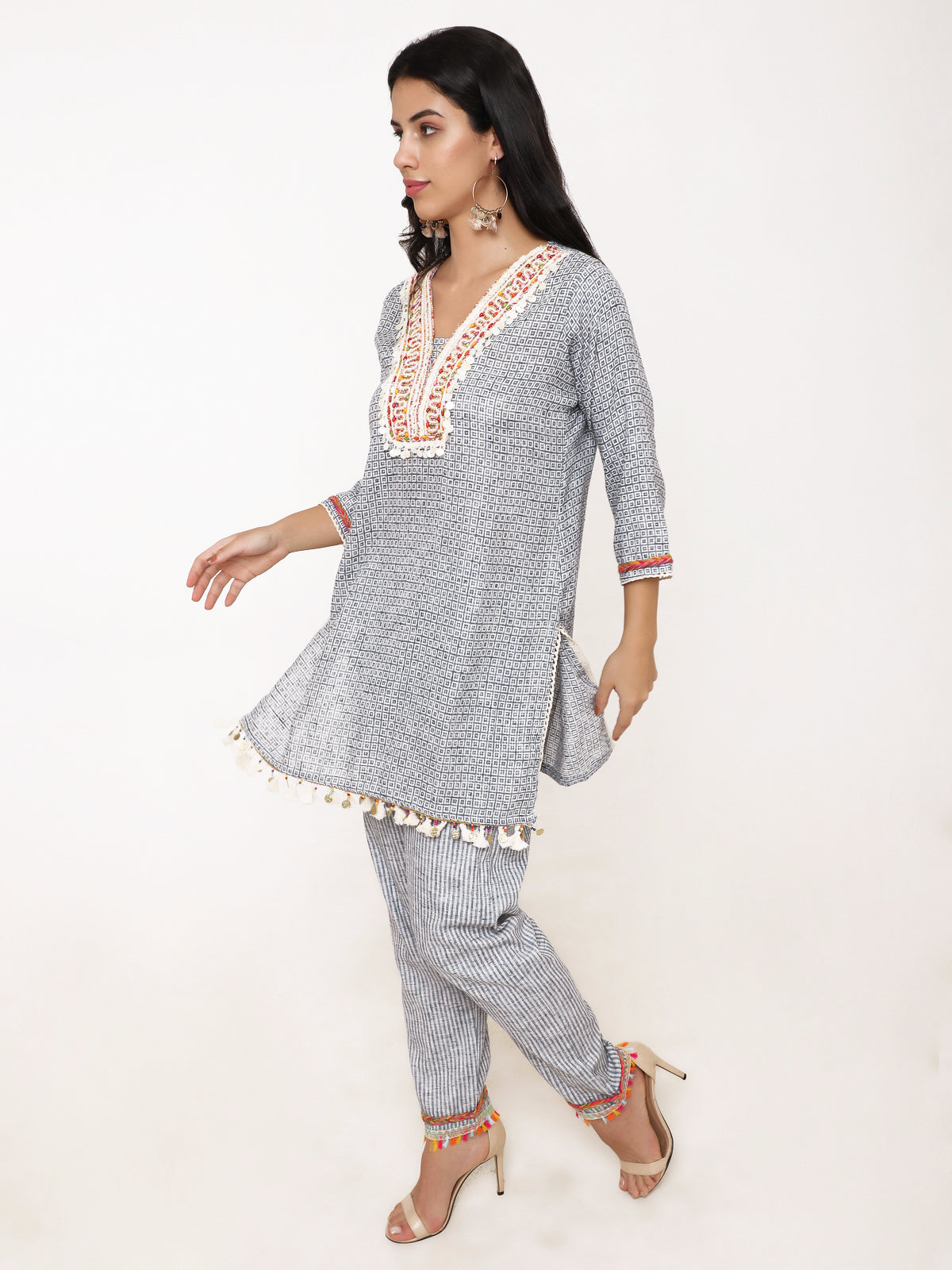 White & Blue printed Co- ord set with stunning handwork at front