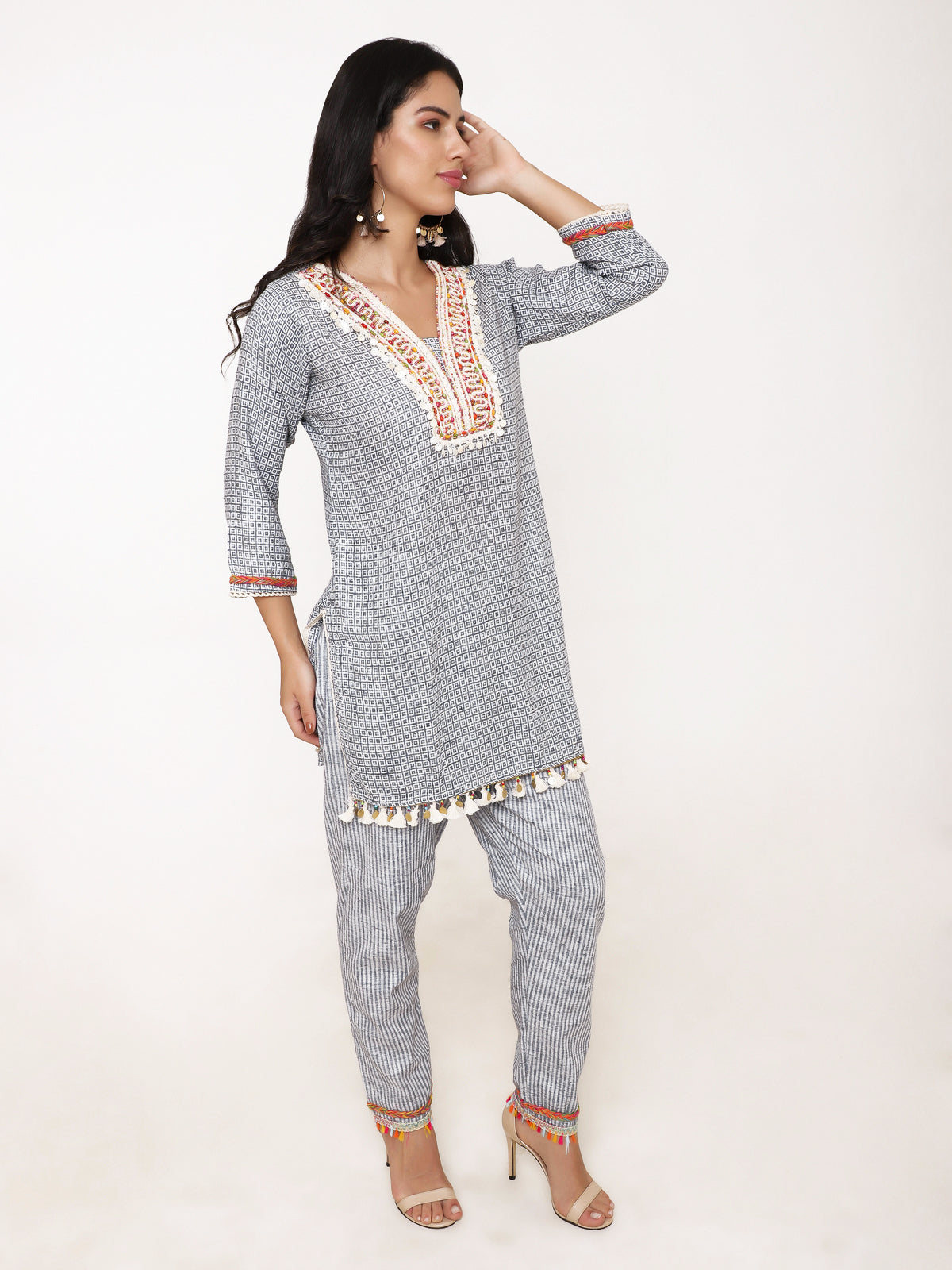 White & Blue printed Co- ord set with stunning handwork at front