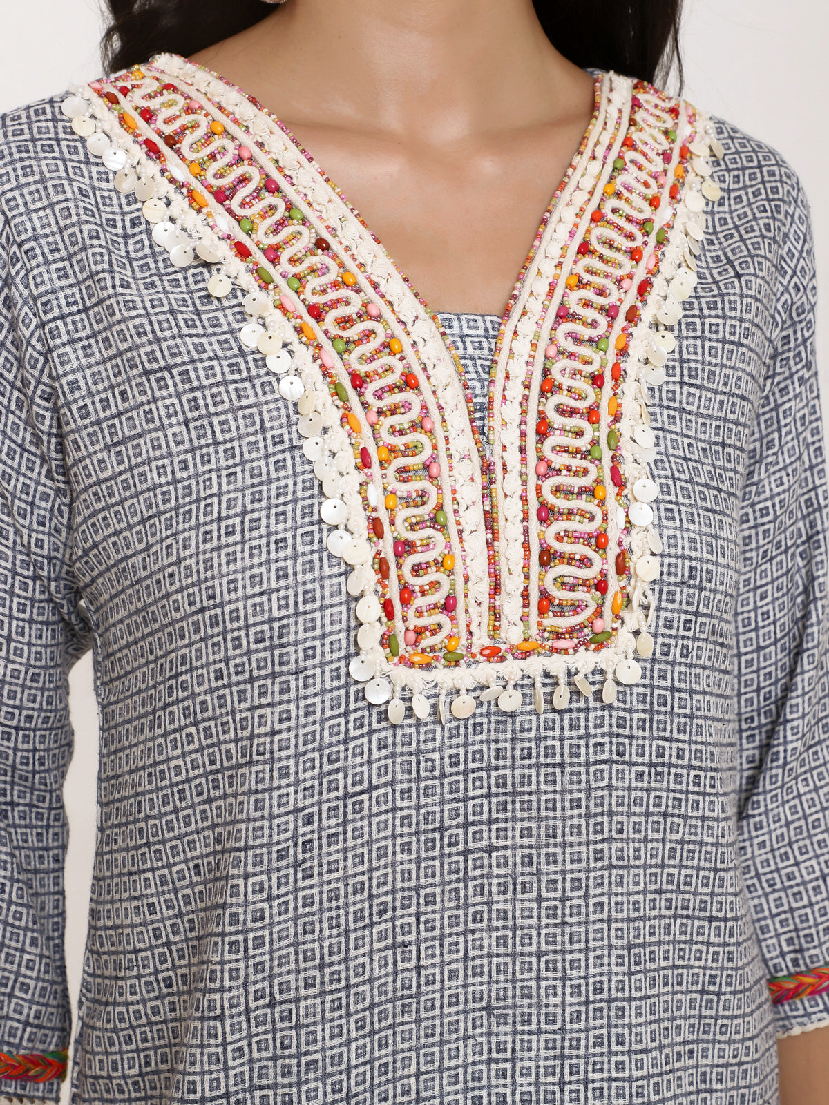 White & Blue printed Co- ord set with stunning handwork at front