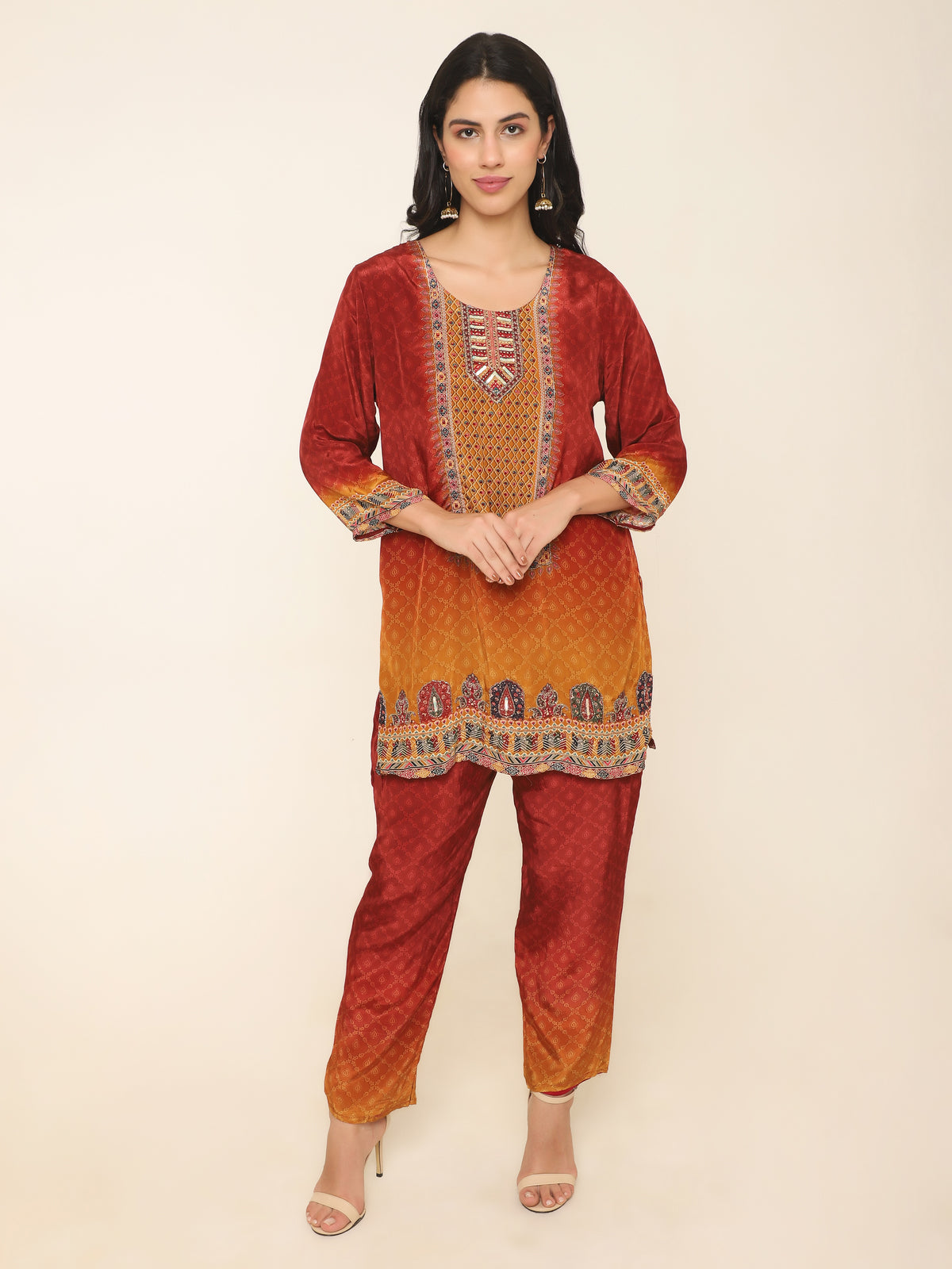 Festive Embroidered Co-ord Set in Rich Red & Mustard Hues