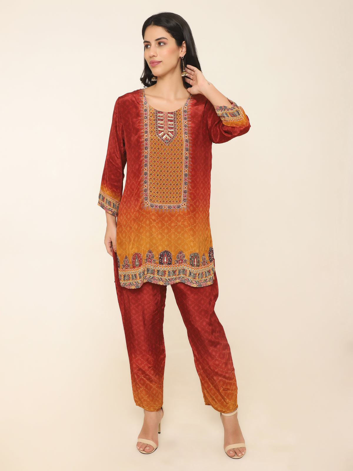 Vibrant Rust orange co-ord set with stud details