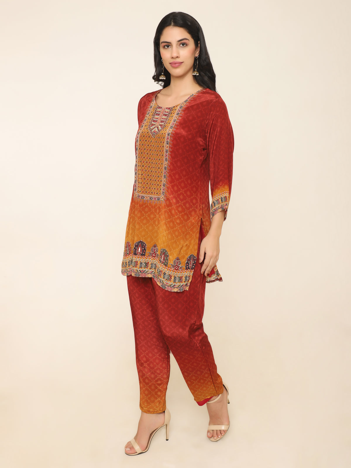 Vibrant Rust orange co-ord set with stud details