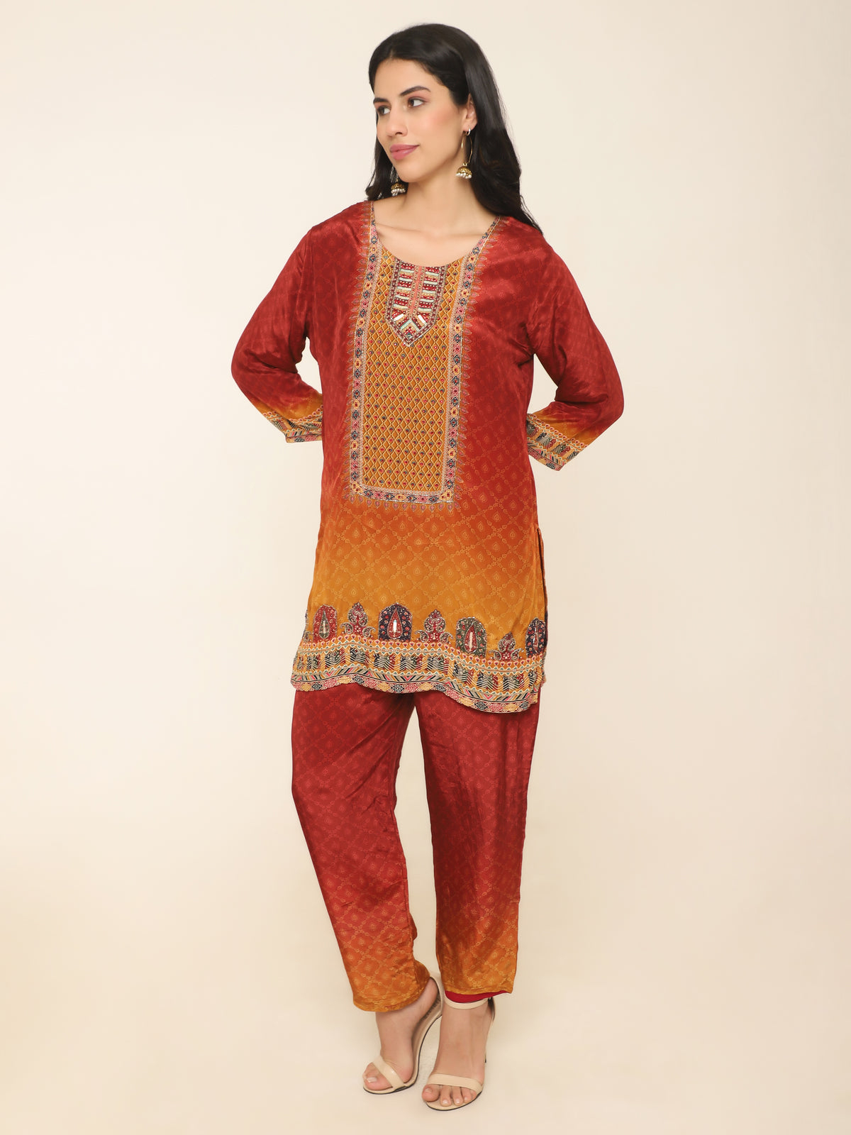 Festive Embroidered Co-ord Set in Rich Red & Mustard Hues