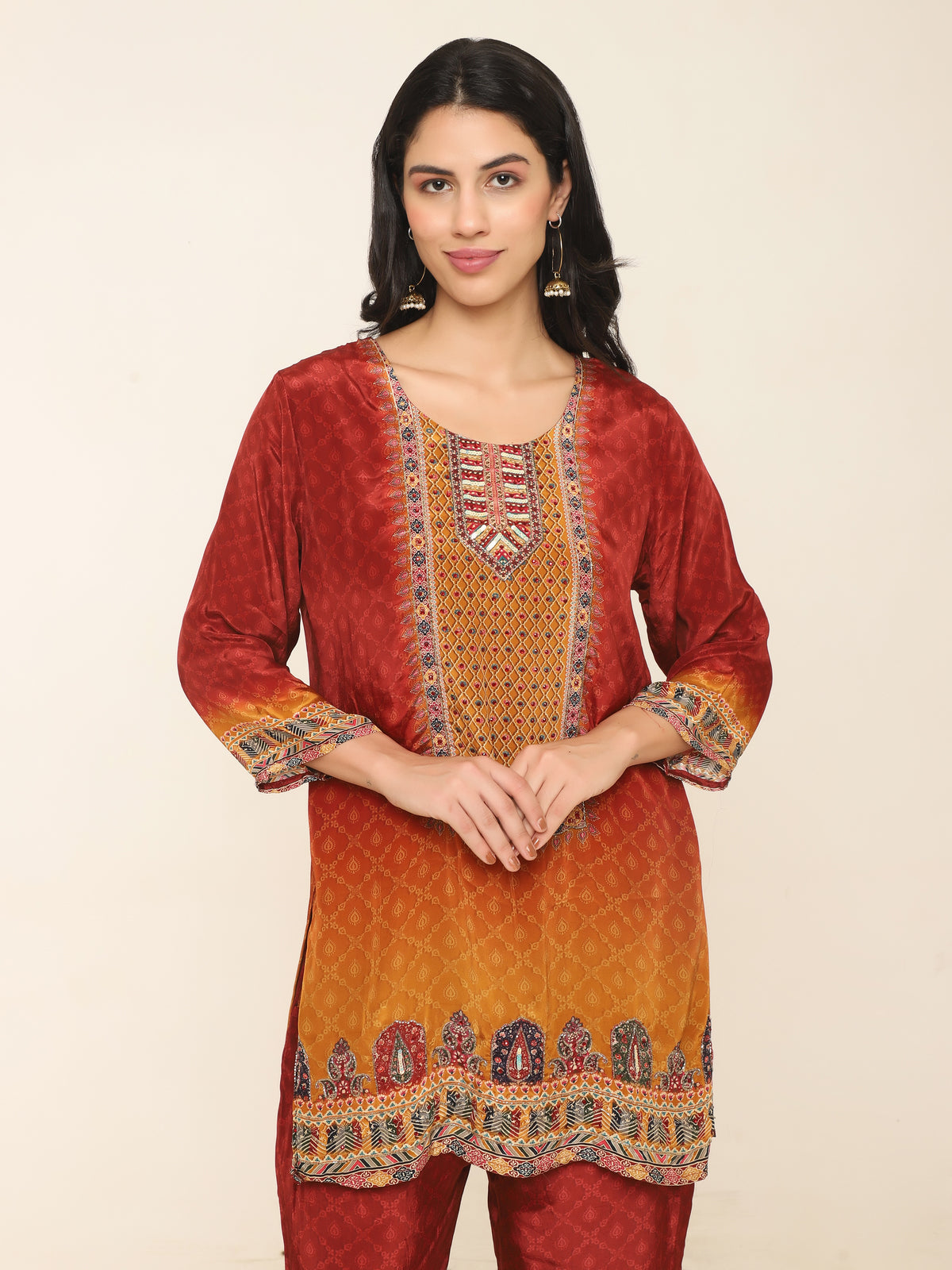 Festive Embroidered Co-ord Set in Rich Red & Mustard Hues
