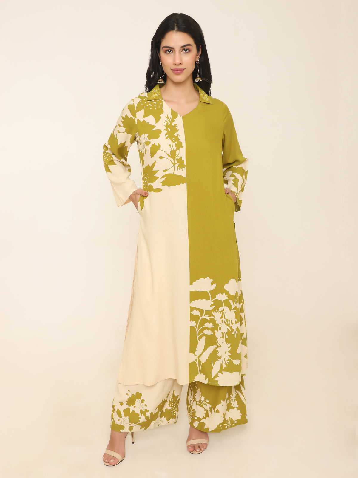 Lime Green & Cream Half-and-Half Kurti Set with Floral Print and Embroidered Collar