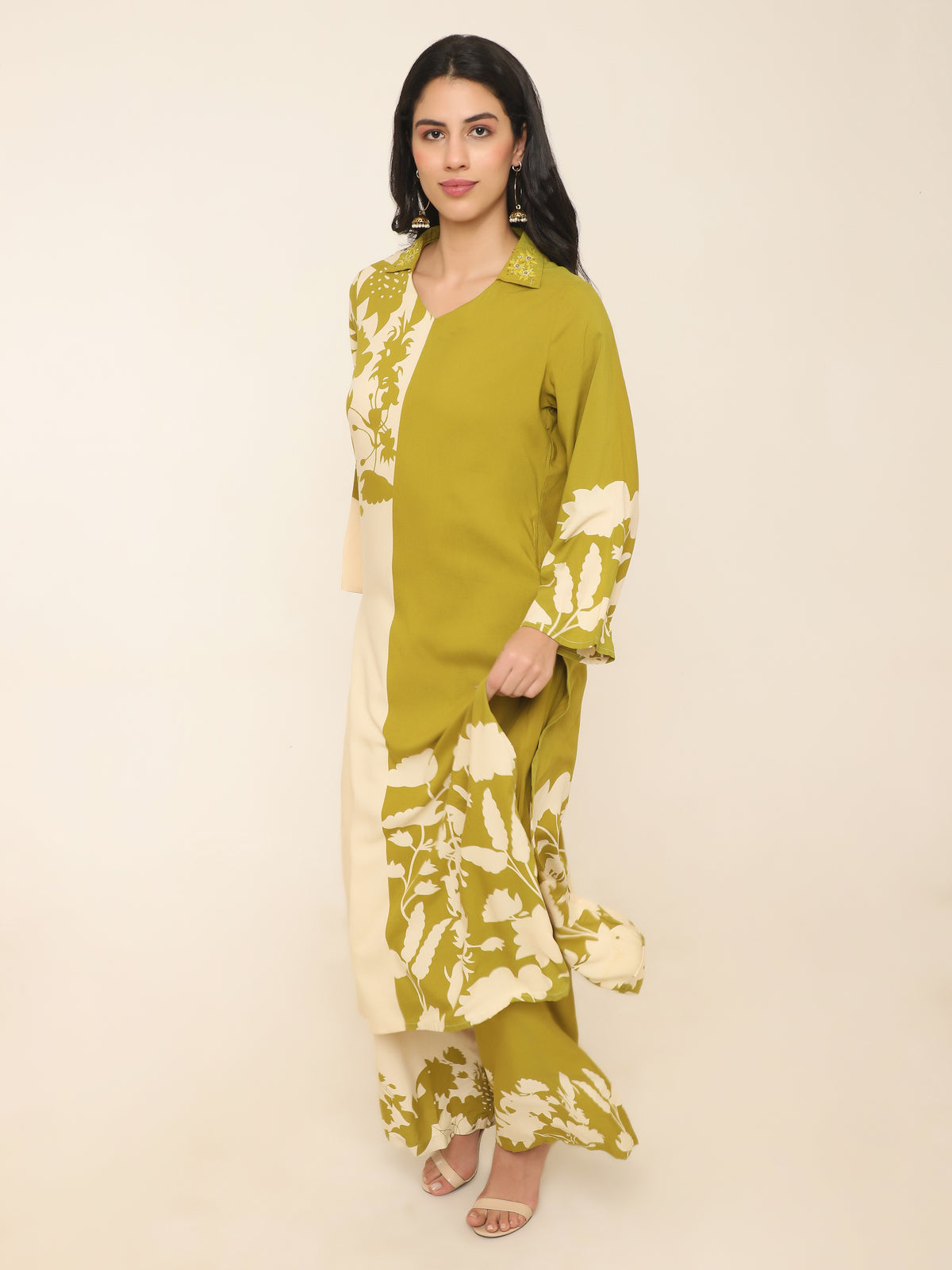 Lime Green & Cream Half-and-Half Kurti Set with Floral Print and Embroidered Collar