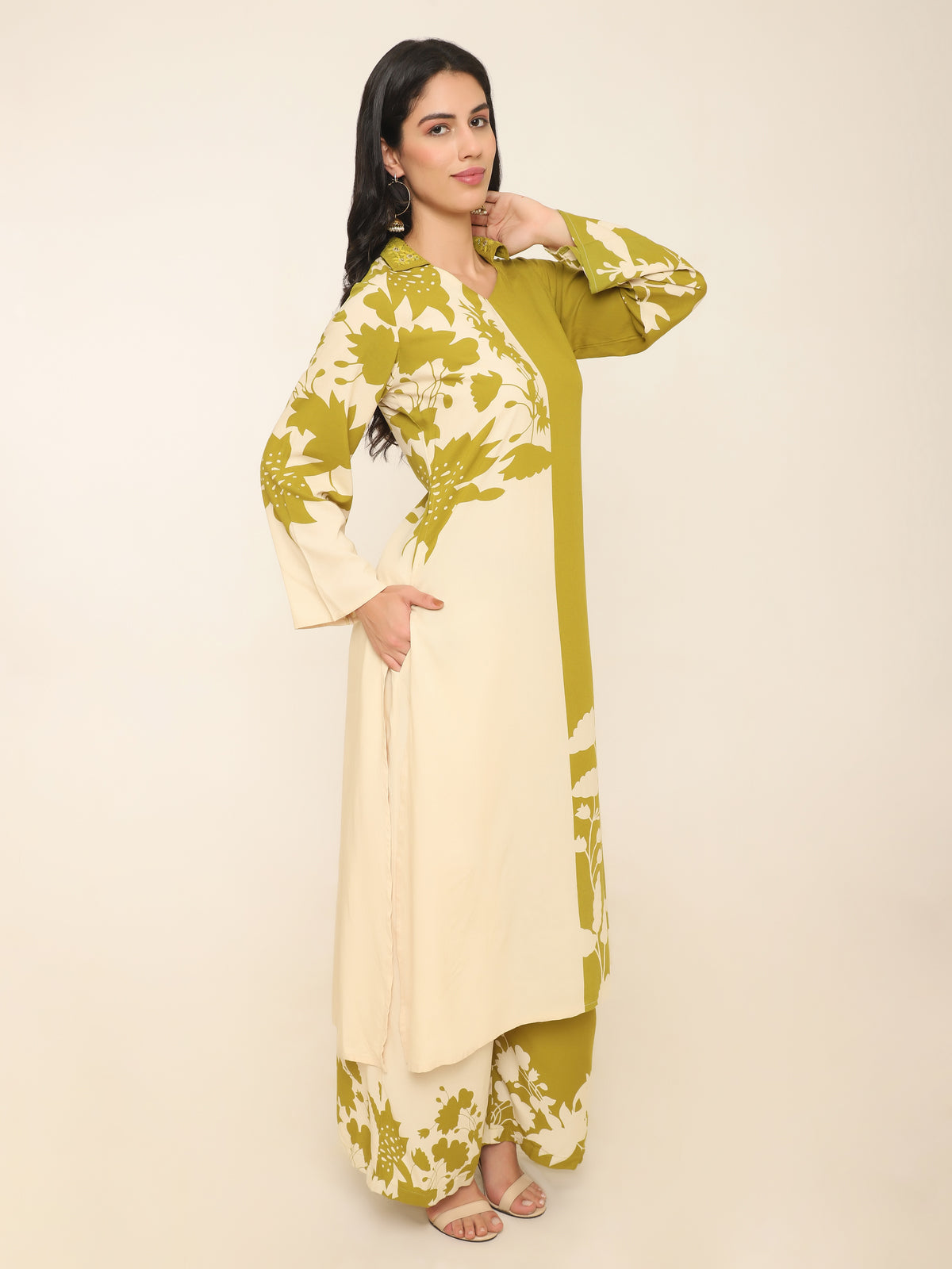 Lime Green & Cream Half-and-Half Kurti Set with Floral Print and Embroidered Collar