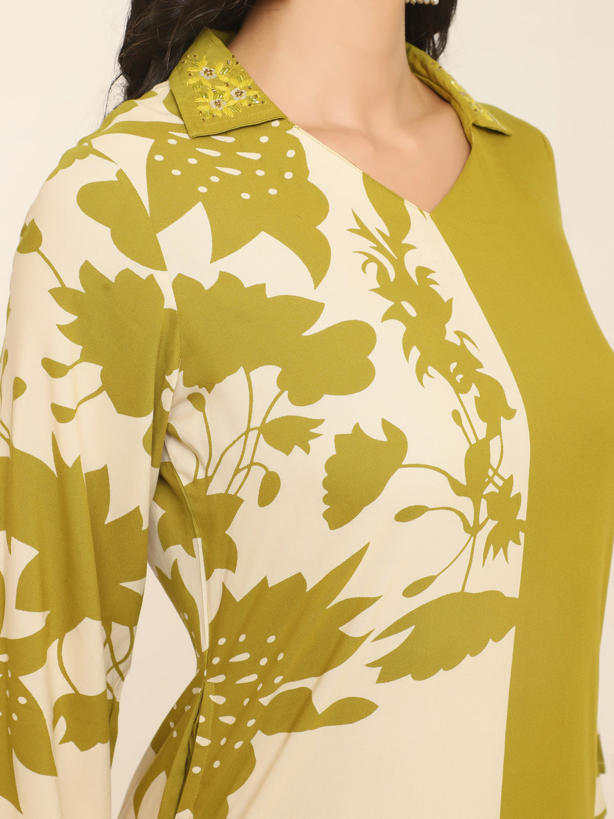 Lime Green & Cream Half-and-Half Kurti Set with Floral Print and Embroidered Collar
