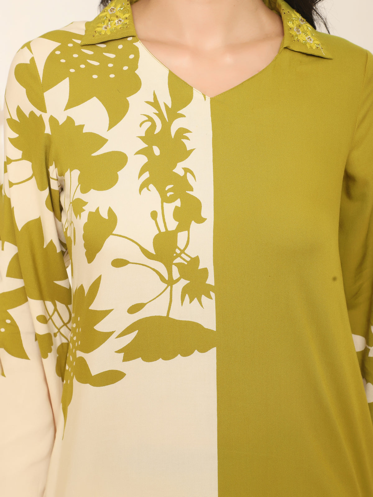 Lime Green & Cream Half-and-Half Kurti Set with Floral Print and Embroidered Collar