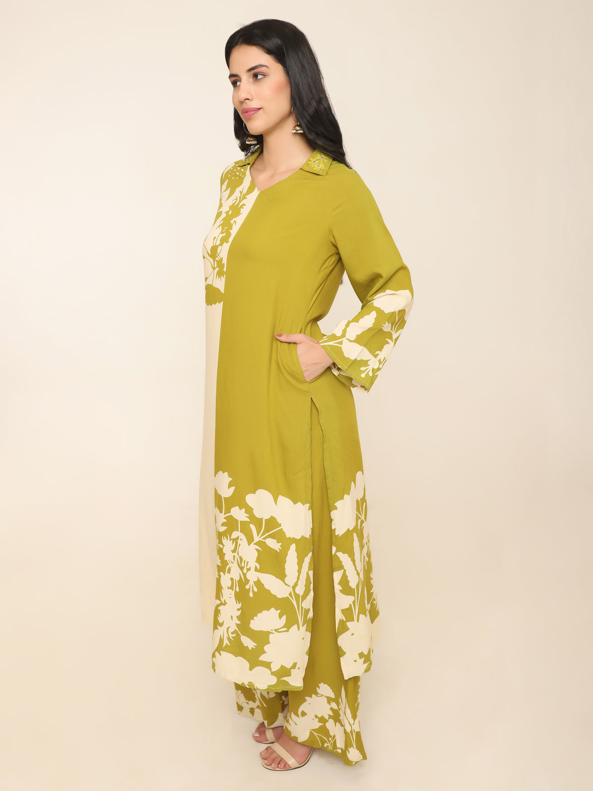 Lime Green & Cream Half-and-Half Kurti Set with Floral Print and Embroidered Collar