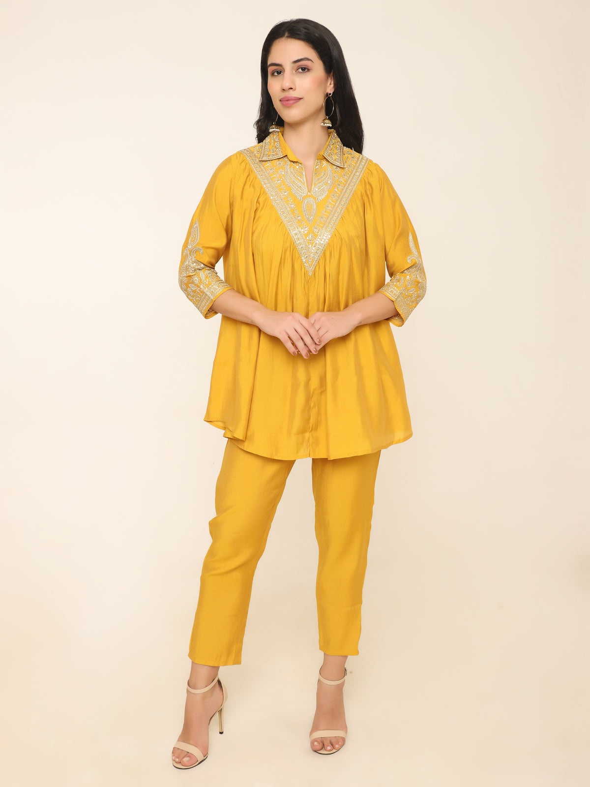 Yellow Anti fit Co-ord set with golden thread details