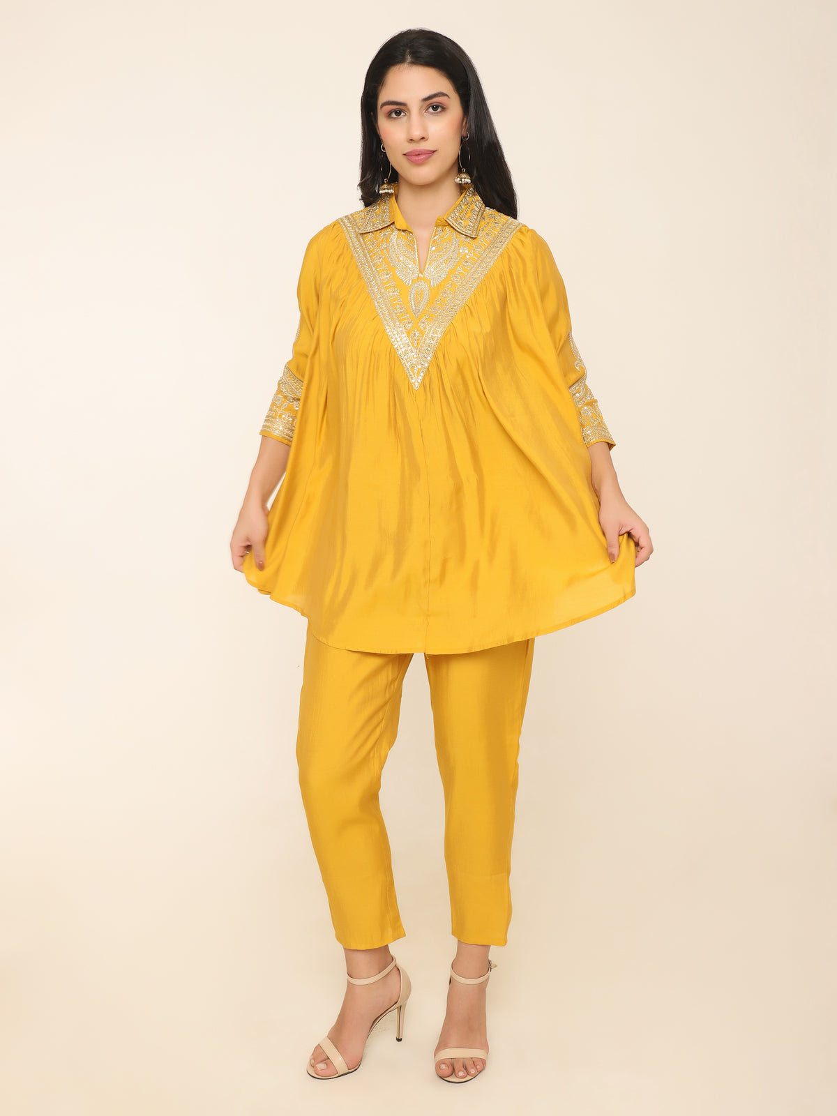 Yellow Anti fit Co-ord set with golden thread details