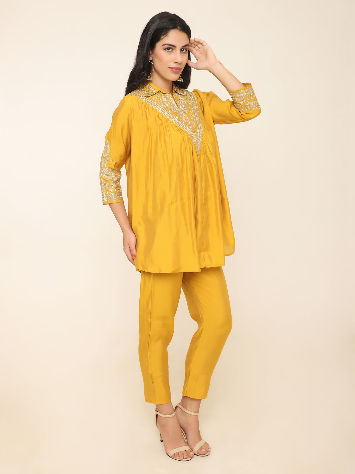 Yellow Anti fit Co-ord set with golden thread details